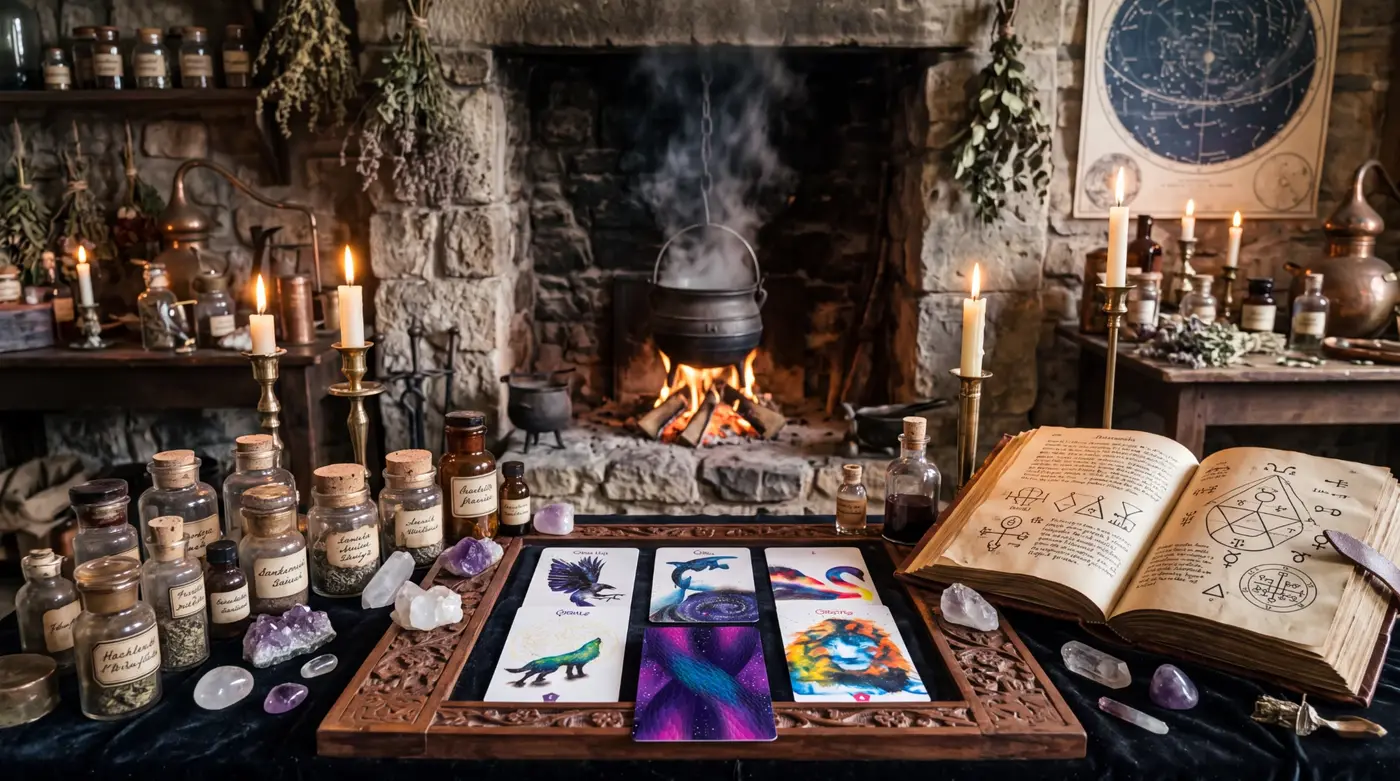 Wild Messengers cards laid out on a carved wooden tray by candlelight, with herb jars, crystals, and an open alchemy book before a stone hearth and a steaming cauldron
