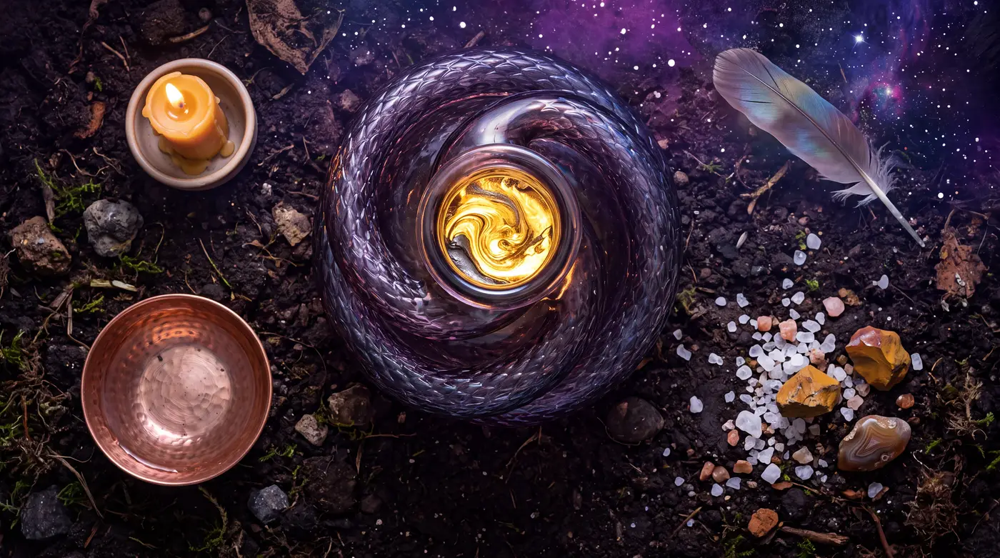 A glowing glass vessel of swirling gold coiled in a dark serpent, resting on dark earth beside a lit candle, a copper bowl of water, a feather, and scattered salt and stones under a starry sky