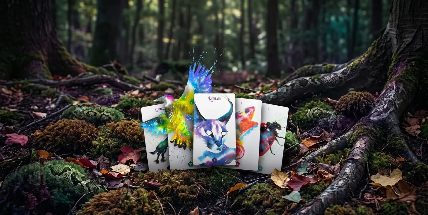 Five Wild Messengers cards fanned on a mossy forest floor among fallen leaves and tree roots, a rainbow bird bursting from the first card
